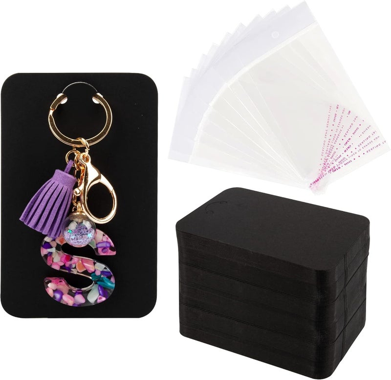 Temlum 100 Pcs Keychain Display Cards with Self-Sealing Bags, 3'' x 4.7'' Keychain Cards Holder for Display Keyring Cards Jewelry Packaging Supplies (Black) - Image 1